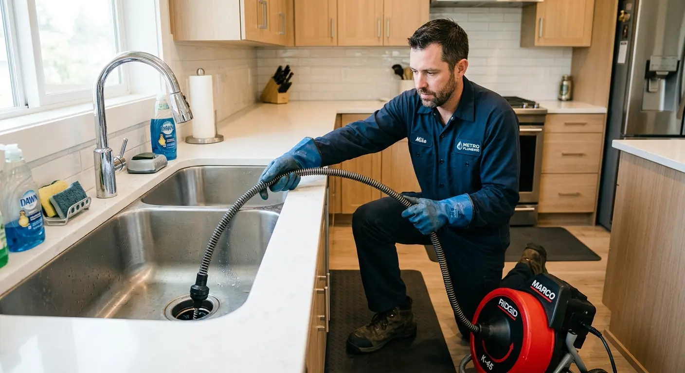 Drain cleaning technician using a motorized snake on a kitchen sink in Obetz