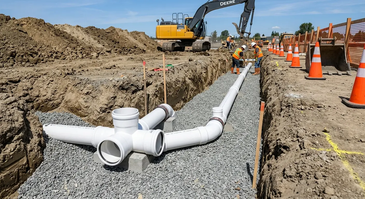 New PVC sewer pipe installation in open trench for Commercial Drain Cleaning in Obetz