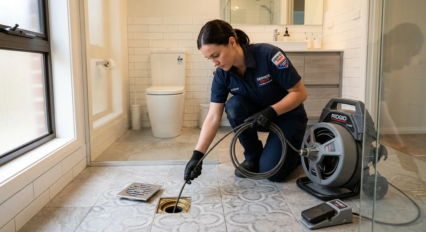 Technician clearing a bathroom floor drain for Sewer Line Replacement in Obetz